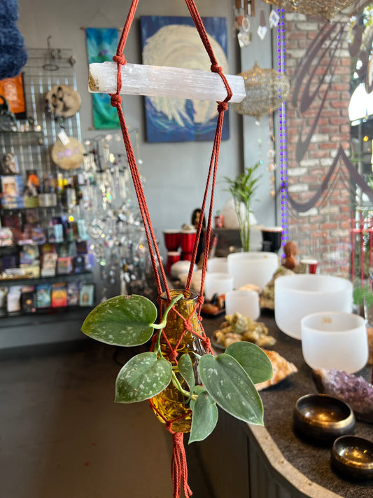 Selenite and macramé plant holder