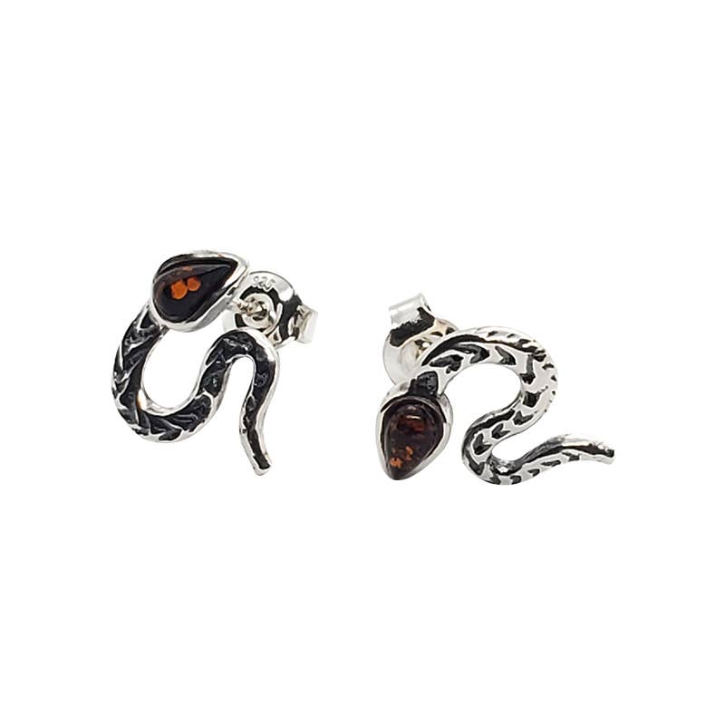 Cherry Amber Sterling Silver Snake Stud Earrings