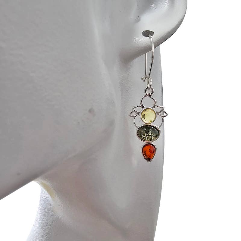 Amber Silver Lotus Earrings On Hooks