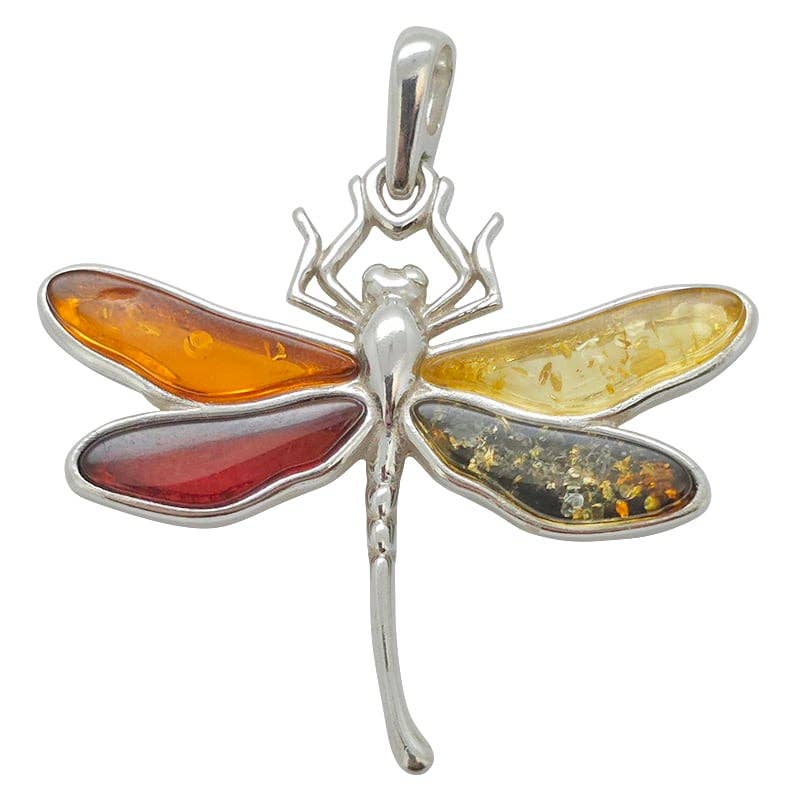 Dragonfly Multi-Color Amber Silver Pendant