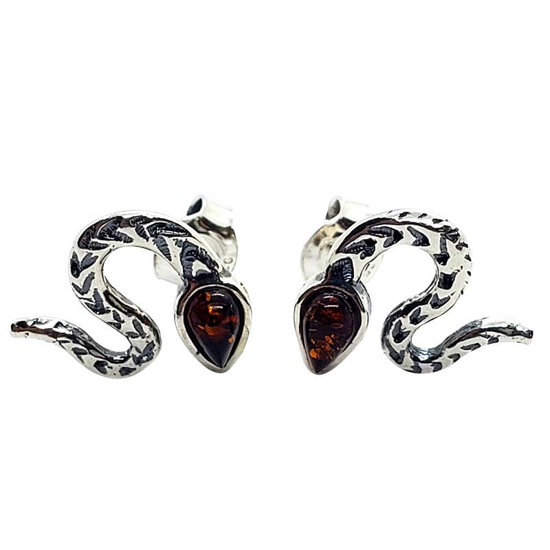 Cherry Amber Sterling Silver Snake Stud Earrings