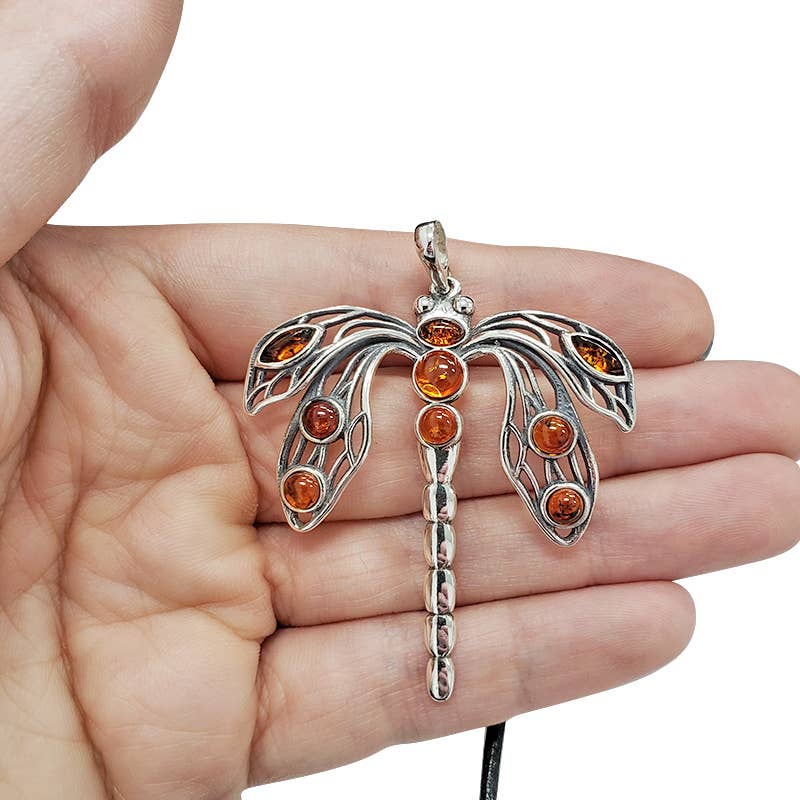 Dragonfly Cognac Amber Silver Pendant.