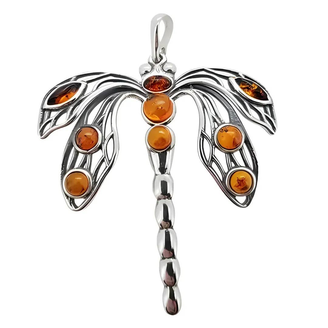 Dragonfly Cognac Amber Silver Pendant.