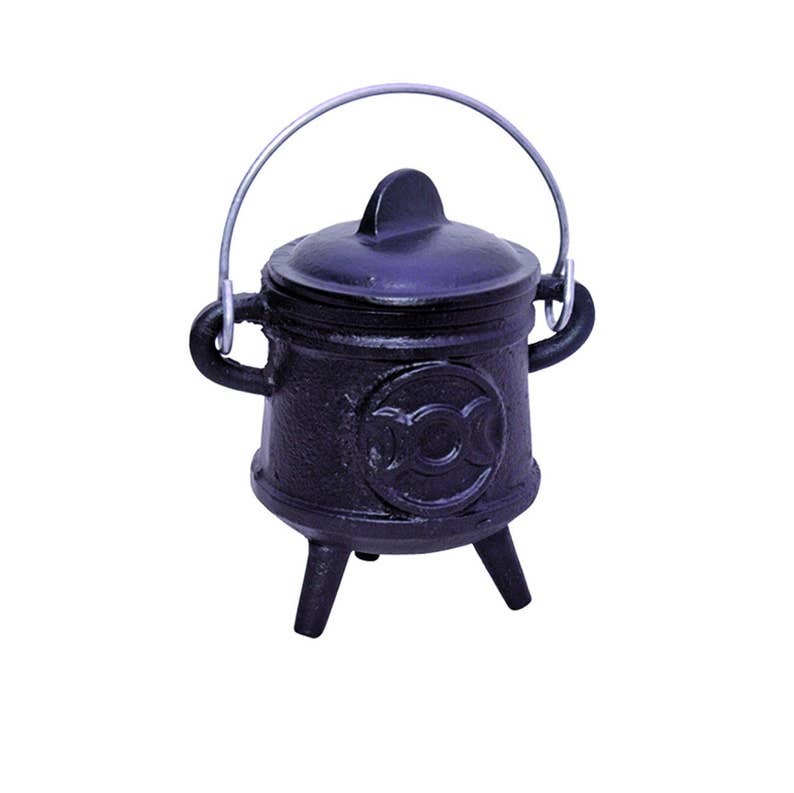 Tall Triple Moon Cast Iron Cauldron w/ Lid + Handle