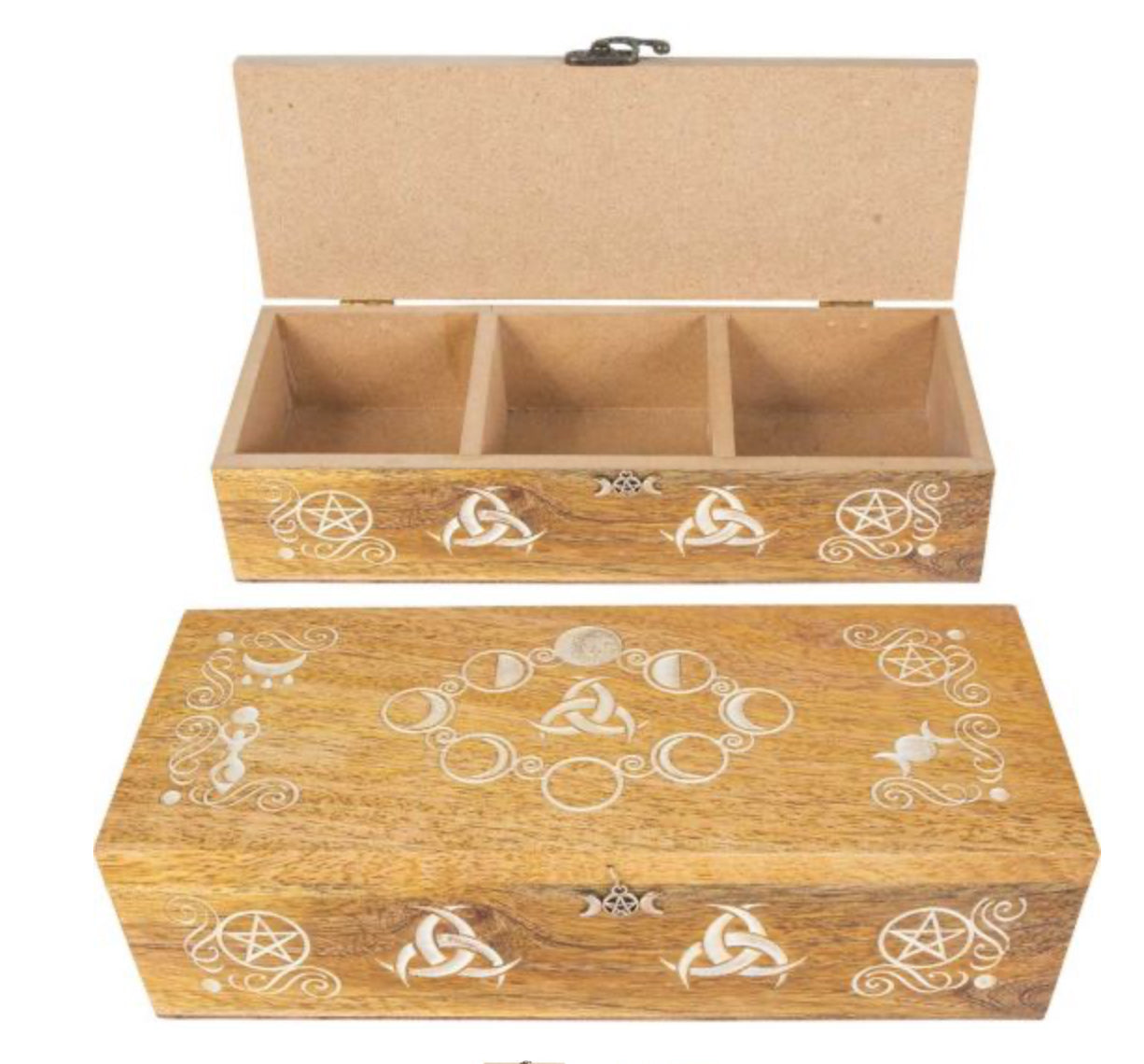 Laser Engraved Wood Compartment Box - Pagan Moon Phases
