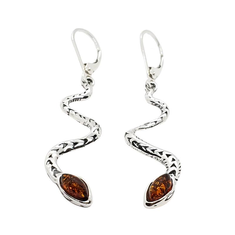 Snake Cognac Amber Sterling Silver Dangle Earrings