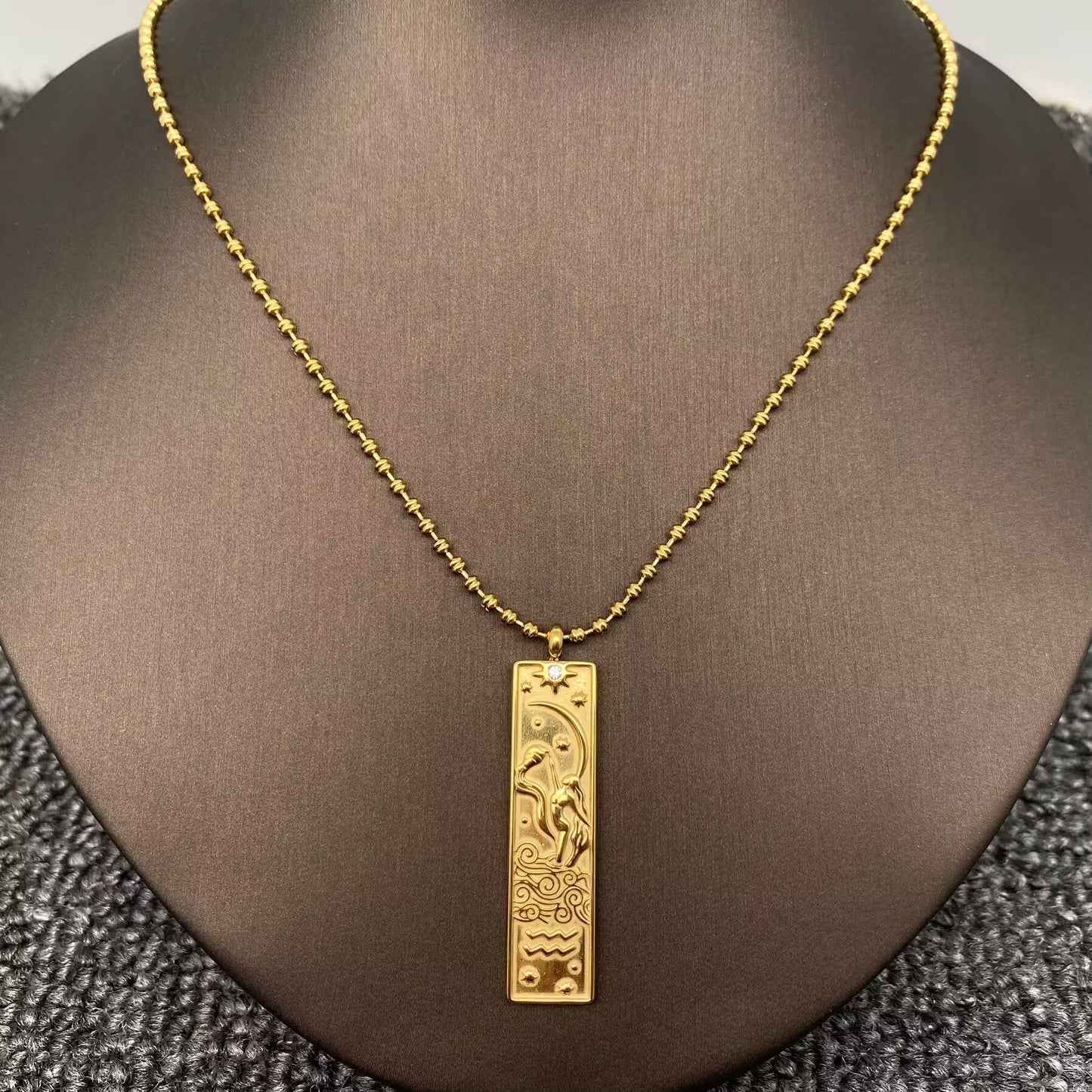 Pisces:Rectangular 18K Golden SS Zodiac Signs Charm Necklace