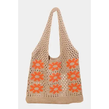 Orange Flower Crochet Knit Tote Bag