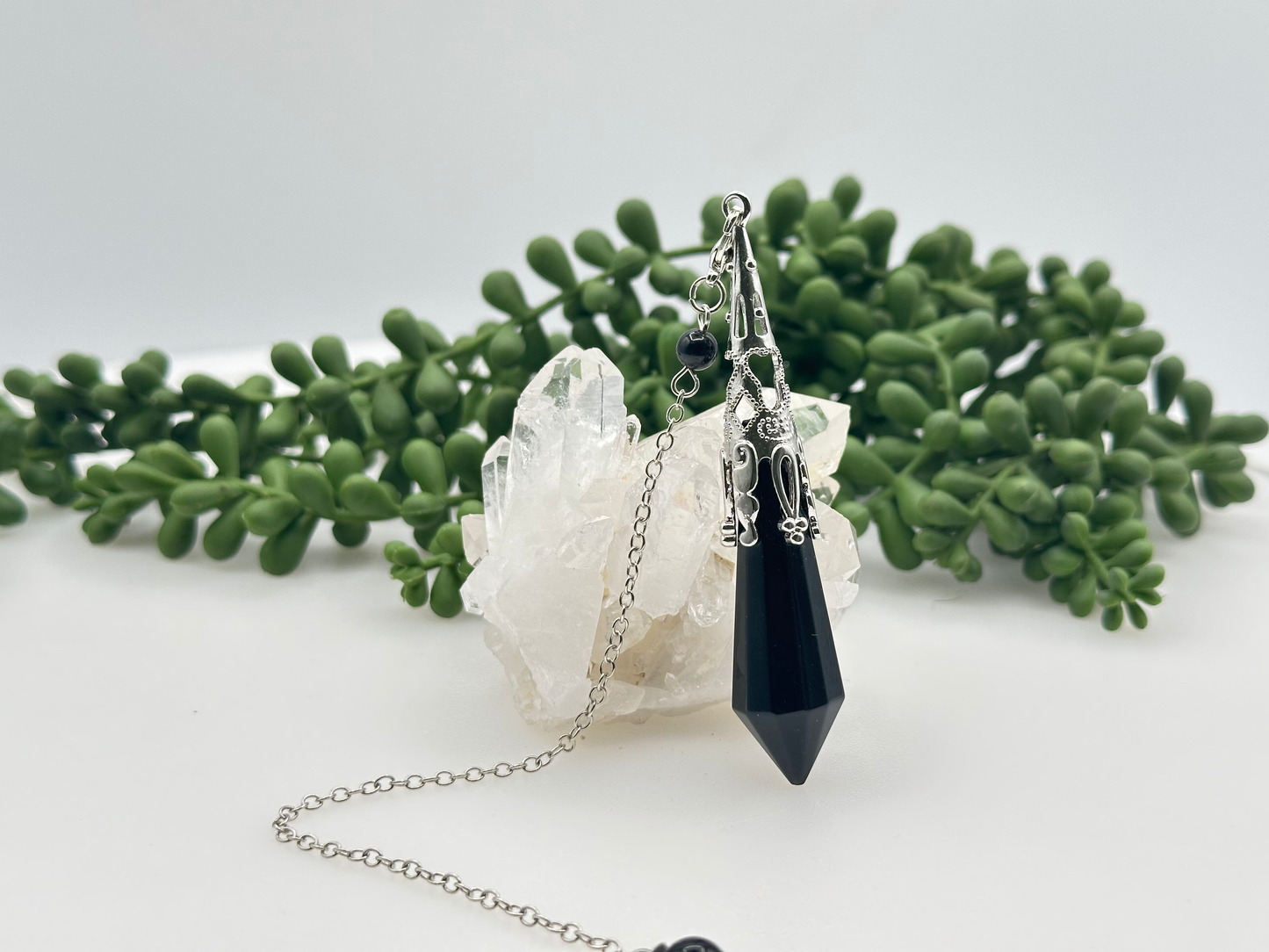 Black Obsidian Gemstone Art Deco Silver Color Pendulum