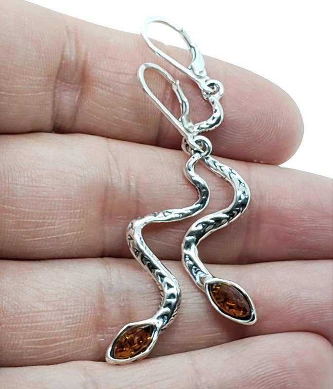 Snake Cognac Amber Sterling Silver Dangle Earrings