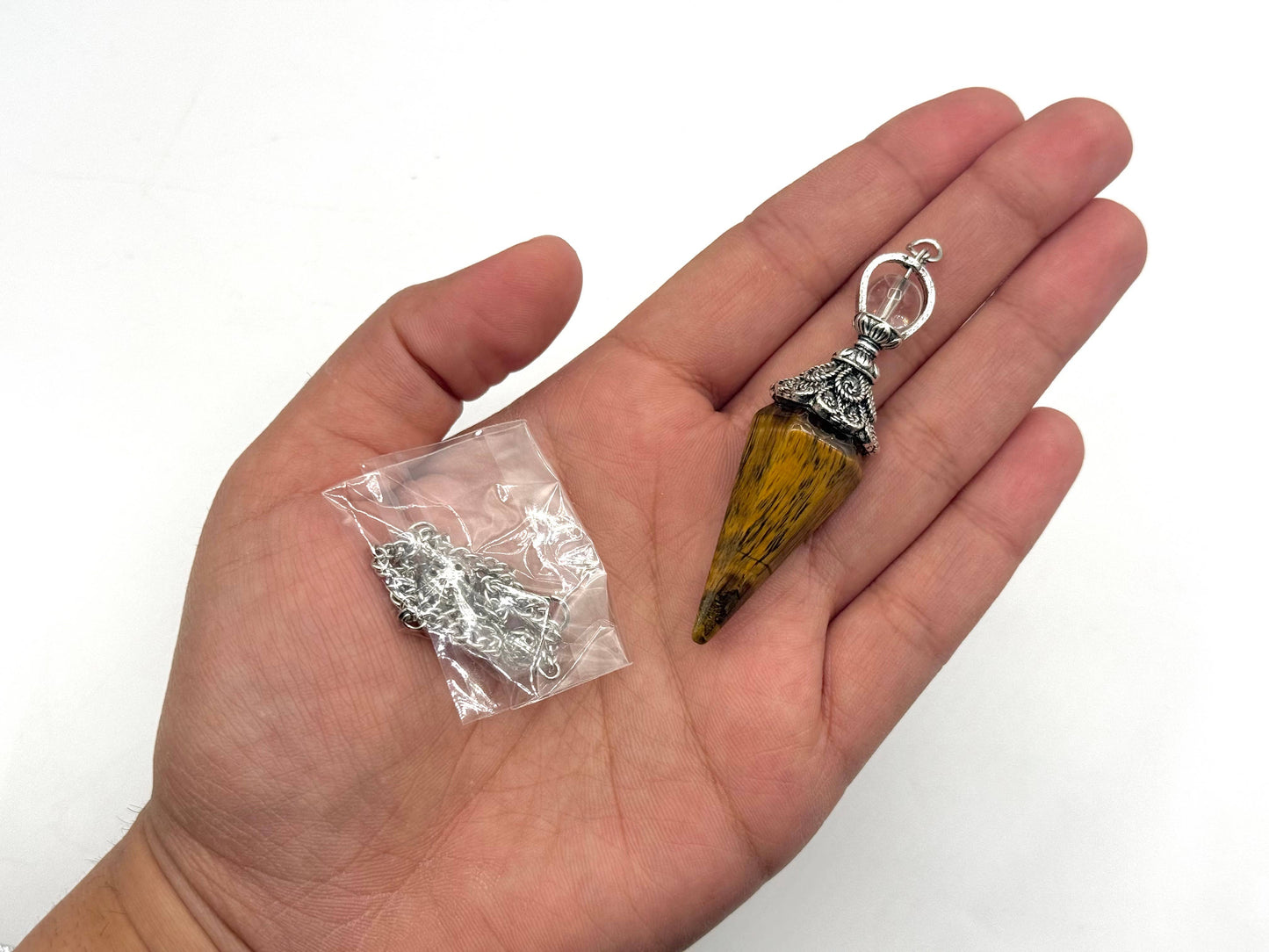 Yellow Tiger Eye Double Cap Pendulum with Silver Plate Chain