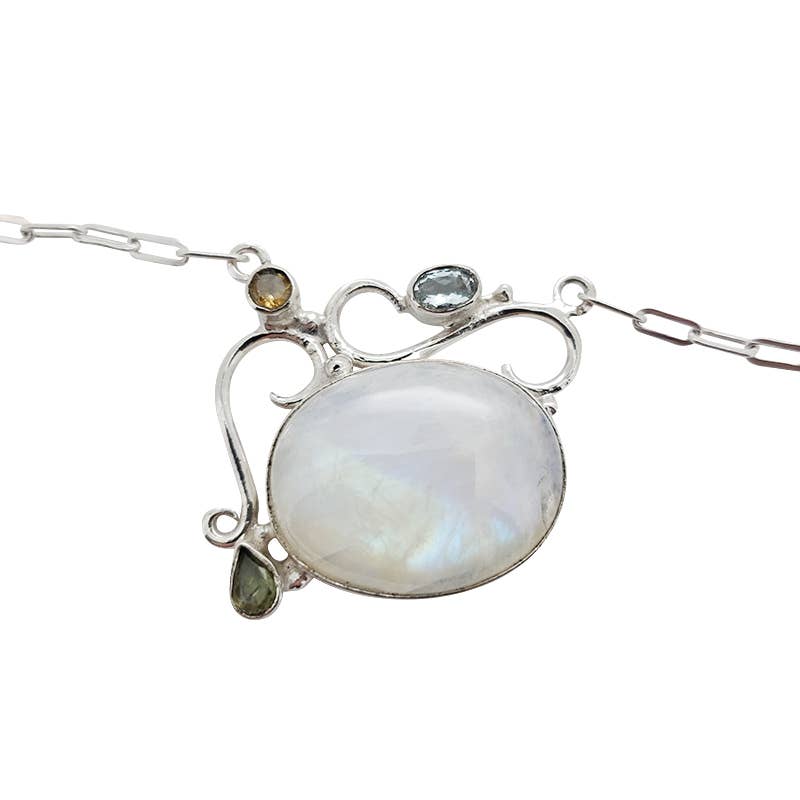 Moonstone Peridot Blue Topaz Sterling Silver Necklace