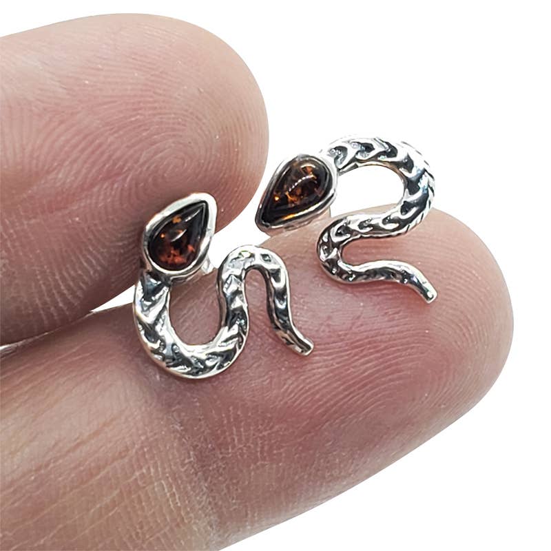 Cherry Amber Sterling Silver Snake Stud Earrings