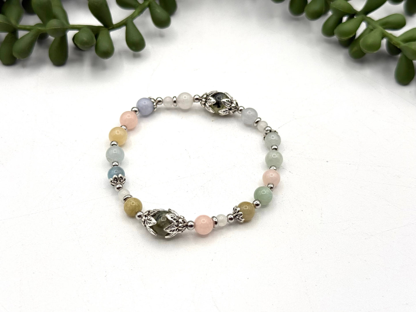 LET LOVE IN -Prehnite, Morganite, Moonstone Bracelet