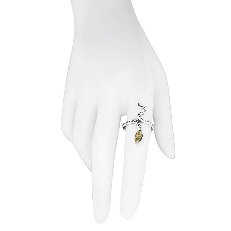 Green Amber Sterling Silver Snake Adjustable Ring