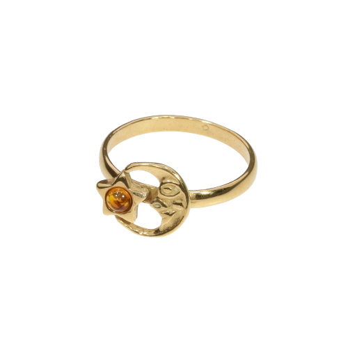Cognac Amber Gold Plated Moon And Star Ring: 7