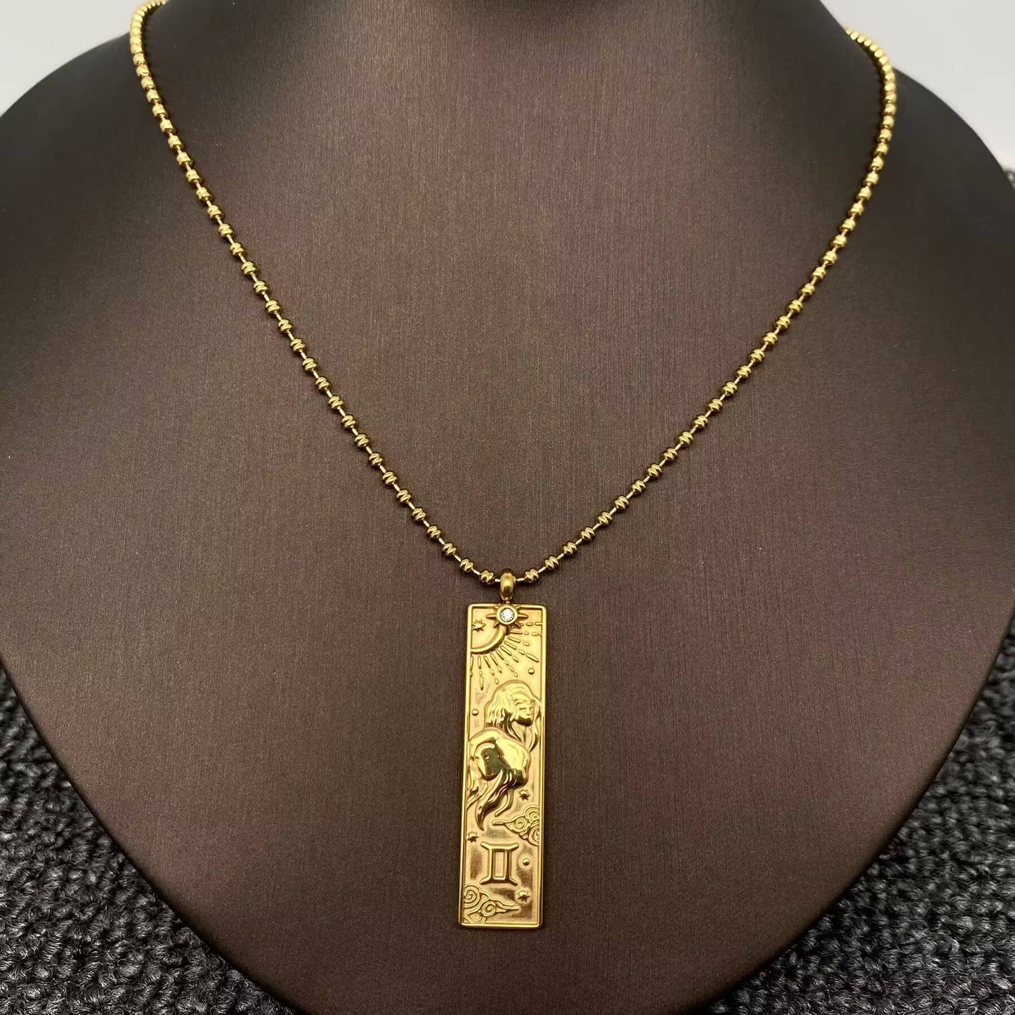 Gemini:Rectangular 18K Golden SS Zodiac Signs Charm Necklace