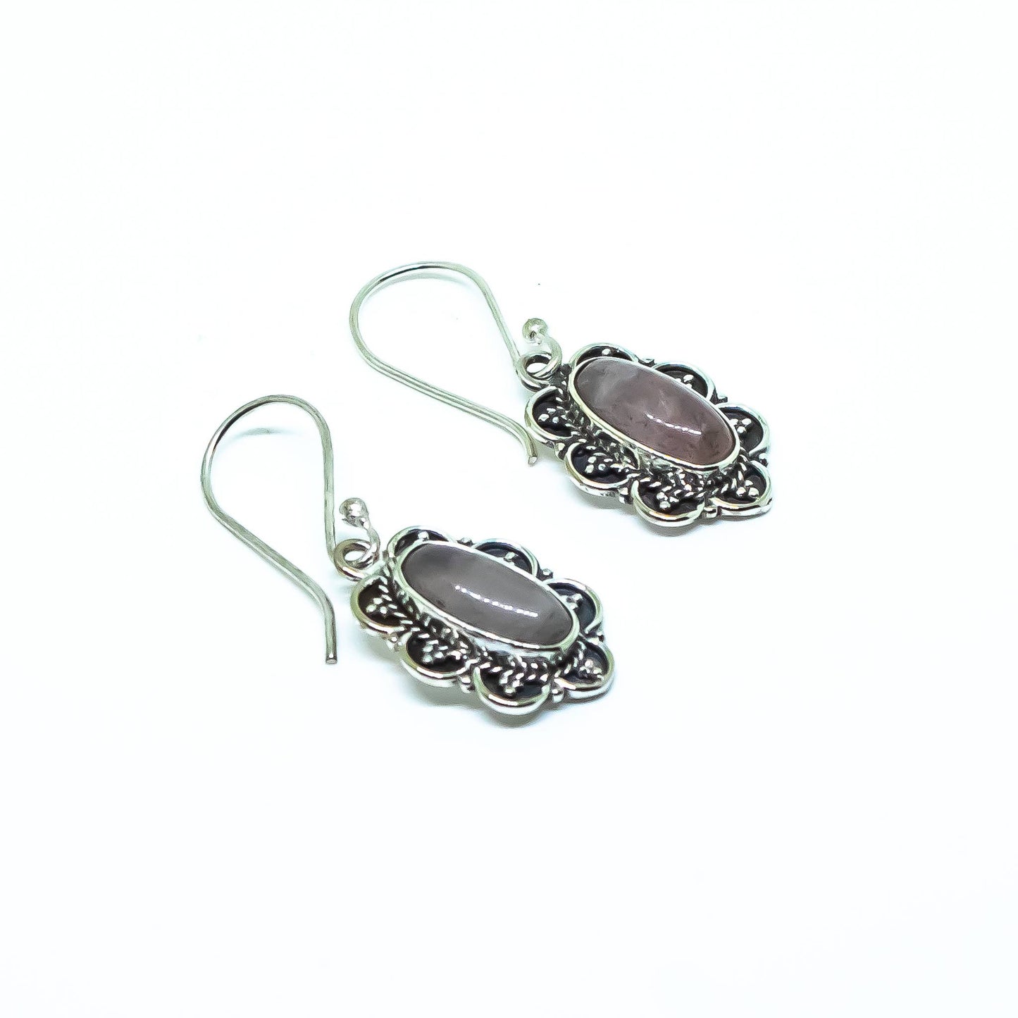 Rose Quartz Gemstone Brass Silver Dangling Earrings