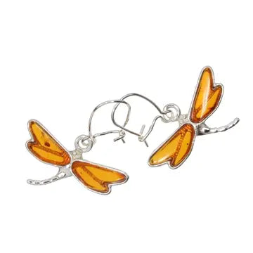 Amber Sterling Silver Dragonfly Earrings on Hook