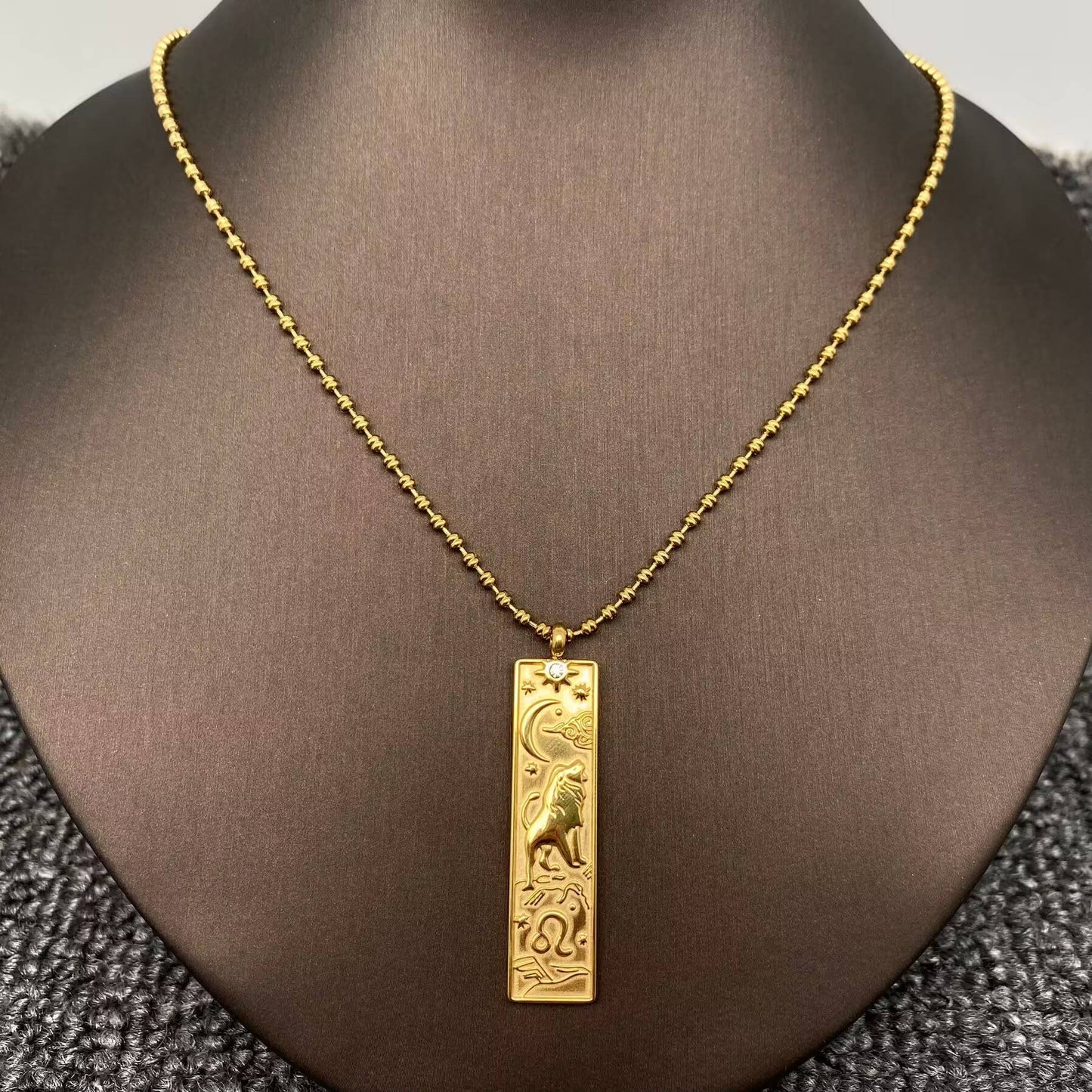 Leo:Rectangular 18K Golden SS Zodiac Signs Charm Necklace