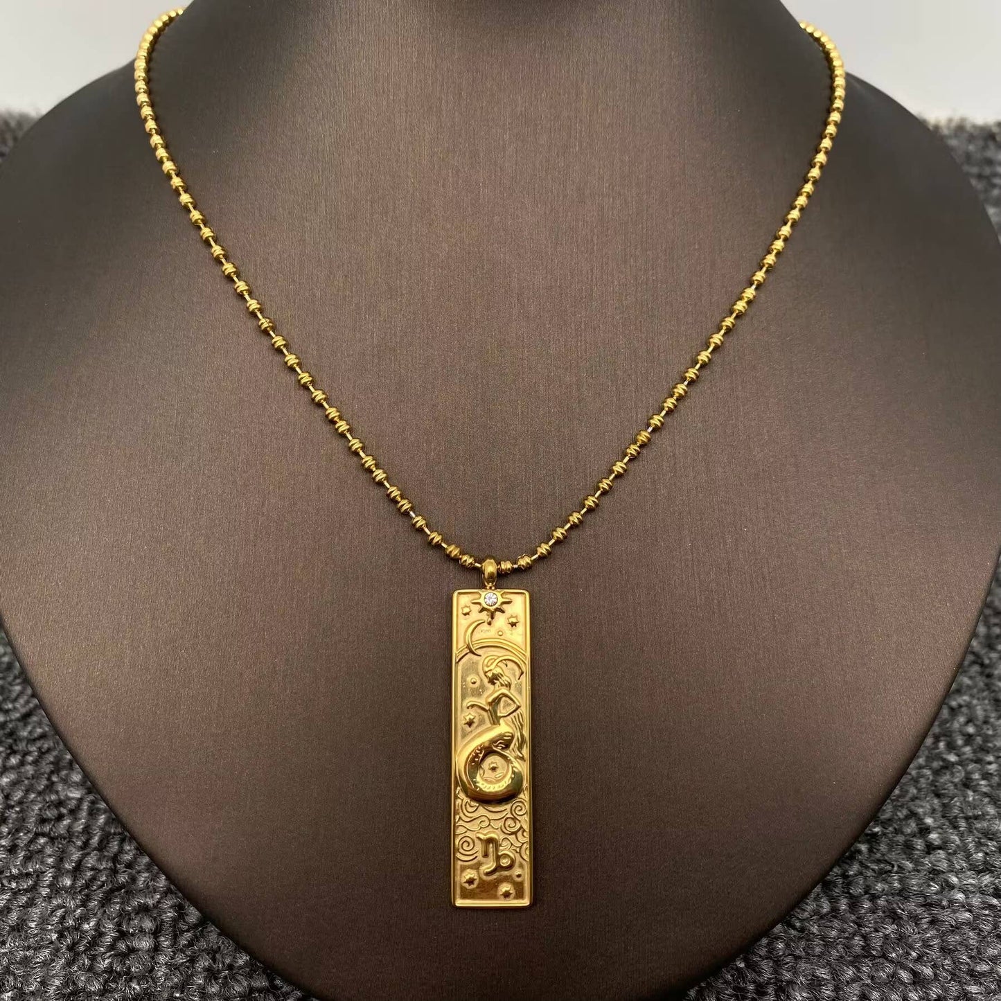 Aries-Rectangular 18K Golden SS Zodiac Signs Charm Necklace
