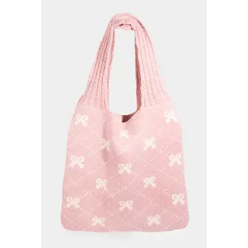 Quilted Ribbon Bow Pattern Knitted Tote Bag