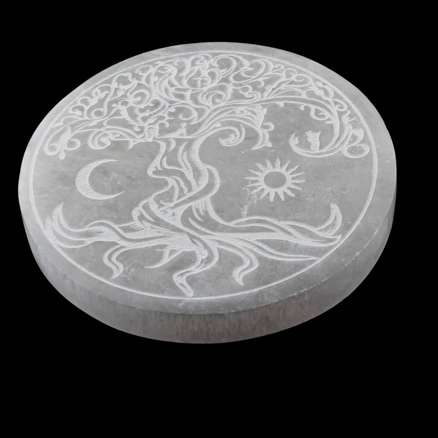 Selenite Round Tree Of Life with Sun & Moon Charging Plate