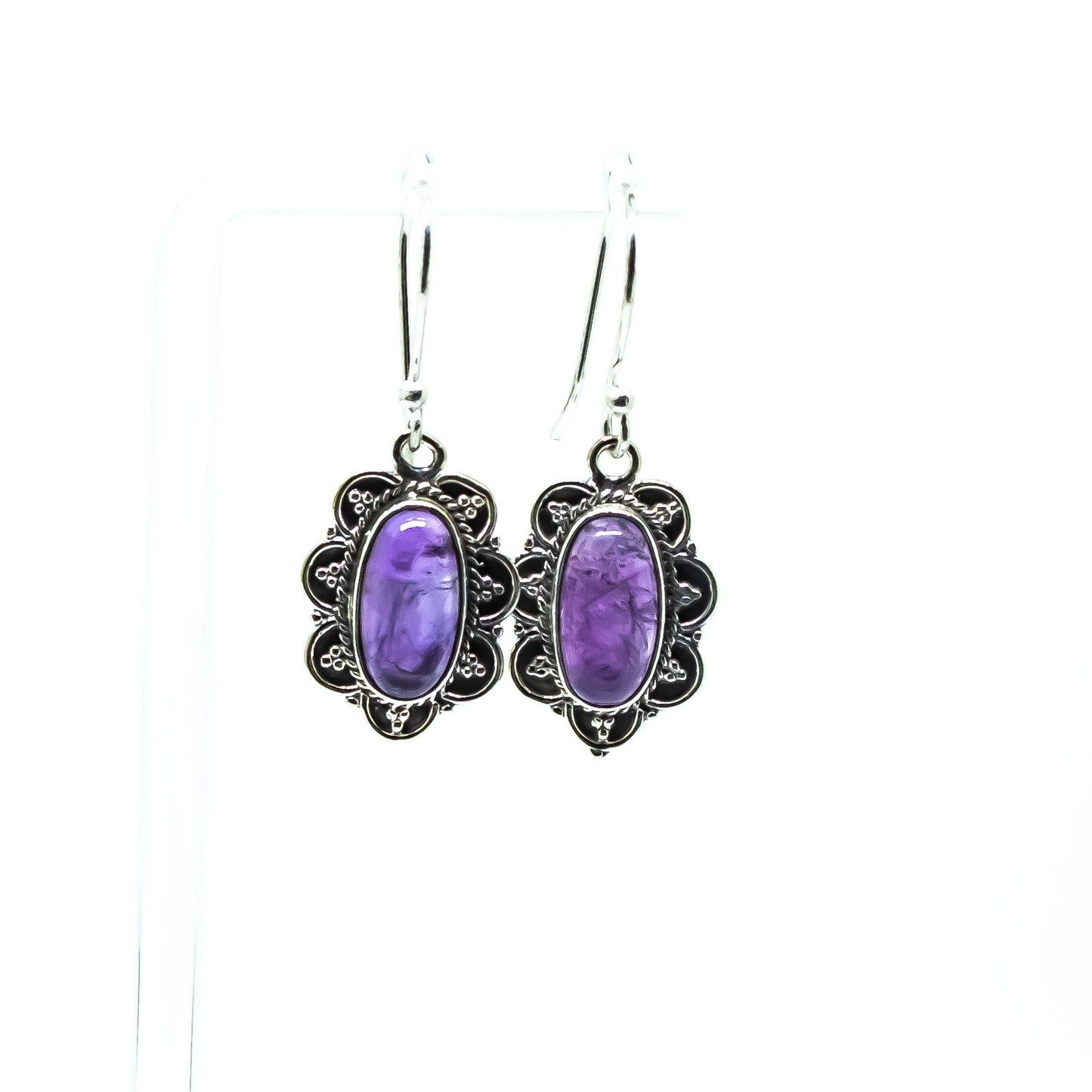 Amethyst Gemstone Brass Silver Dangling Earrings