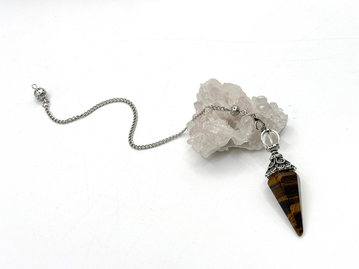 Yellow Tiger Eye Double Cap Pendulum with Silver Plate Chain