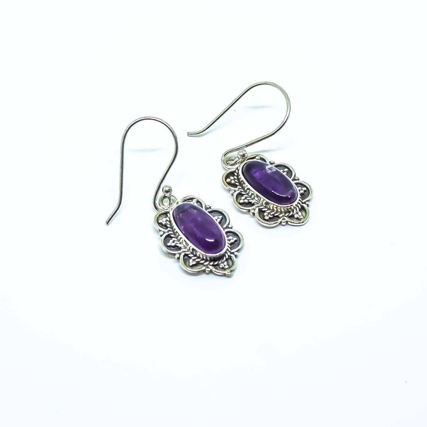 Amethyst Gemstone Brass Silver Dangling Earrings