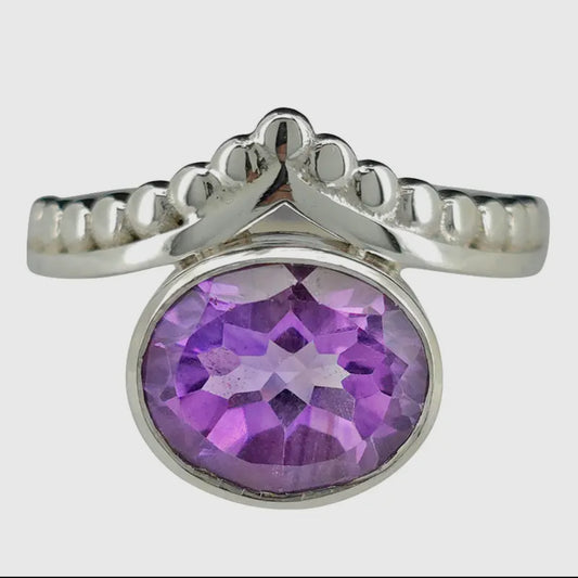 Faceted Amethyst Sterling Silver Ring- Crown