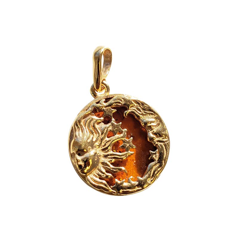 Moon And Sun Cognac Amber Gold Plated Silver Pendant