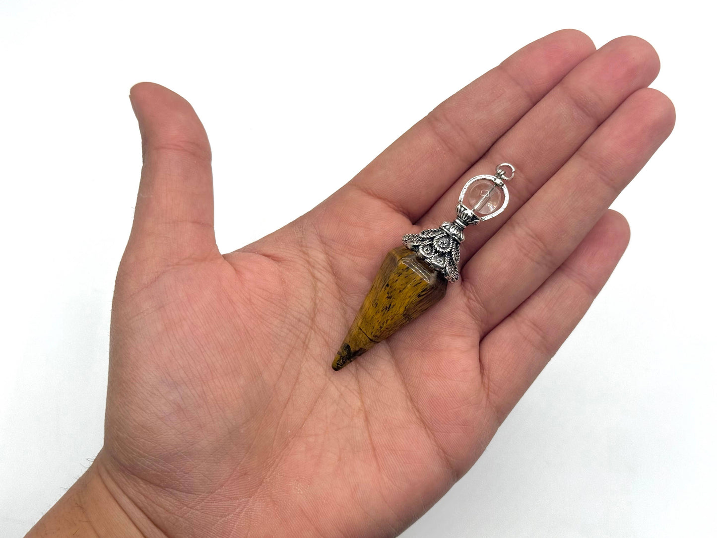 Yellow Tiger Eye Double Cap Pendulum with Silver Plate Chain