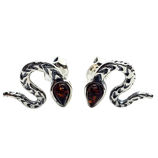 Cherry Amber Sterling Silver Snake Stud Earrings