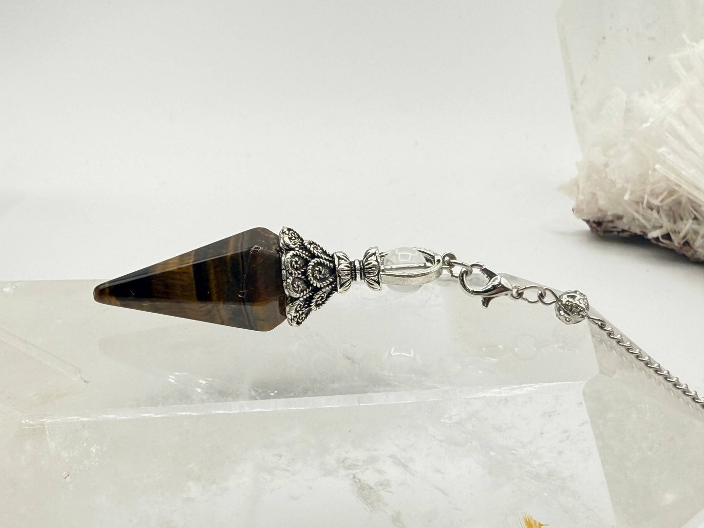 Yellow Tiger Eye Double Cap Pendulum with Silver Plate Chain