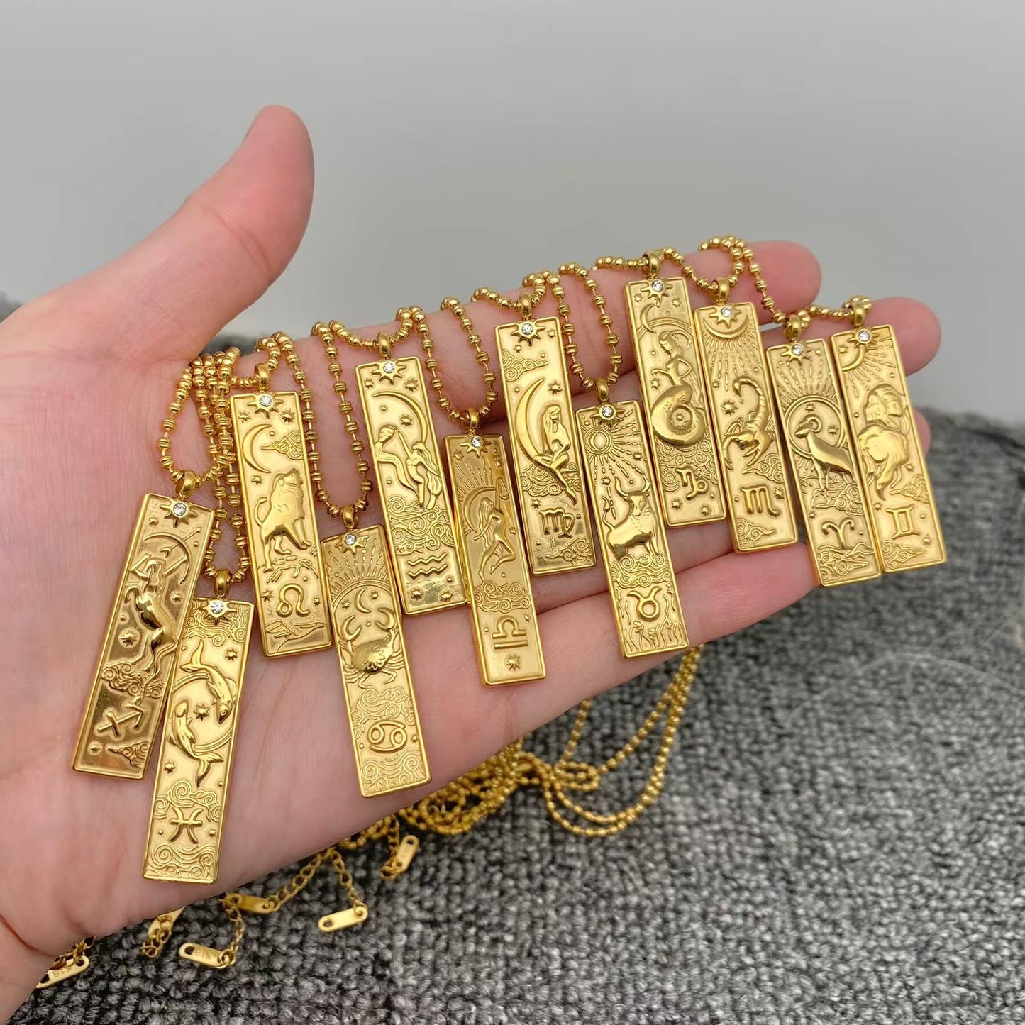 Pisces:Rectangular 18K Golden SS Zodiac Signs Charm Necklace