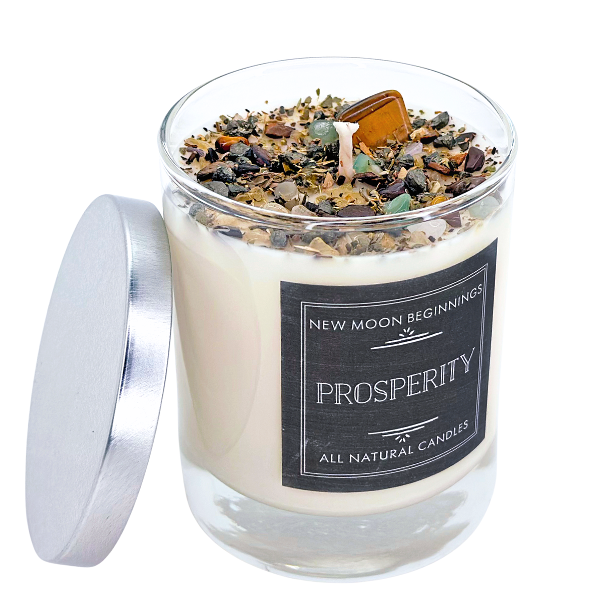 Prosperity Candle - Soy Candles - Herb & Crystal Candle: 8oz Round Tin