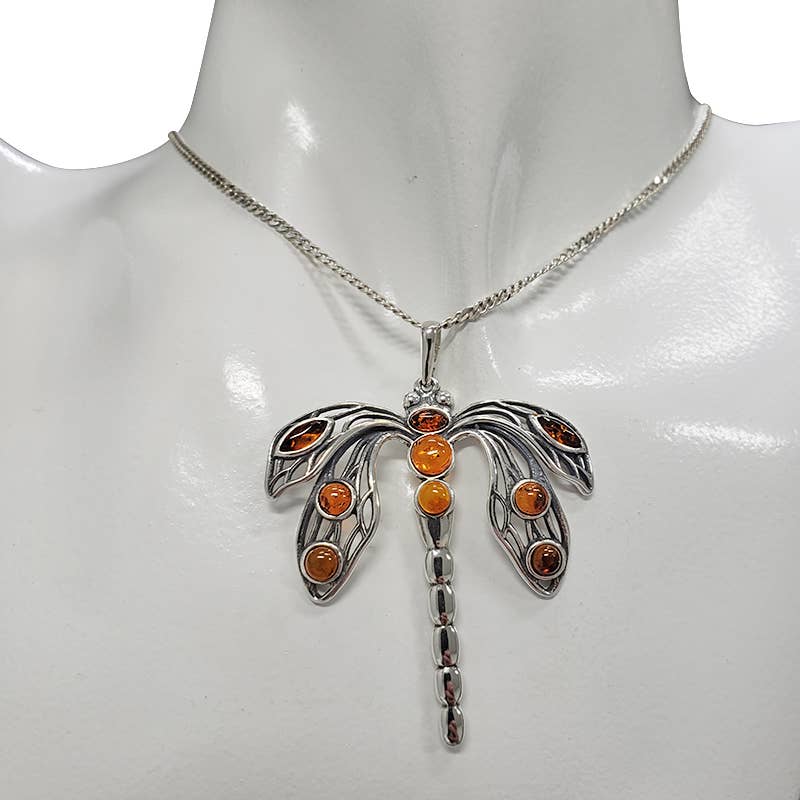 Dragonfly Cognac Amber Silver Pendant.