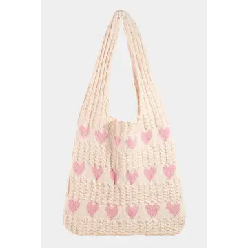 Crochet Knit Hearts Tote Bag