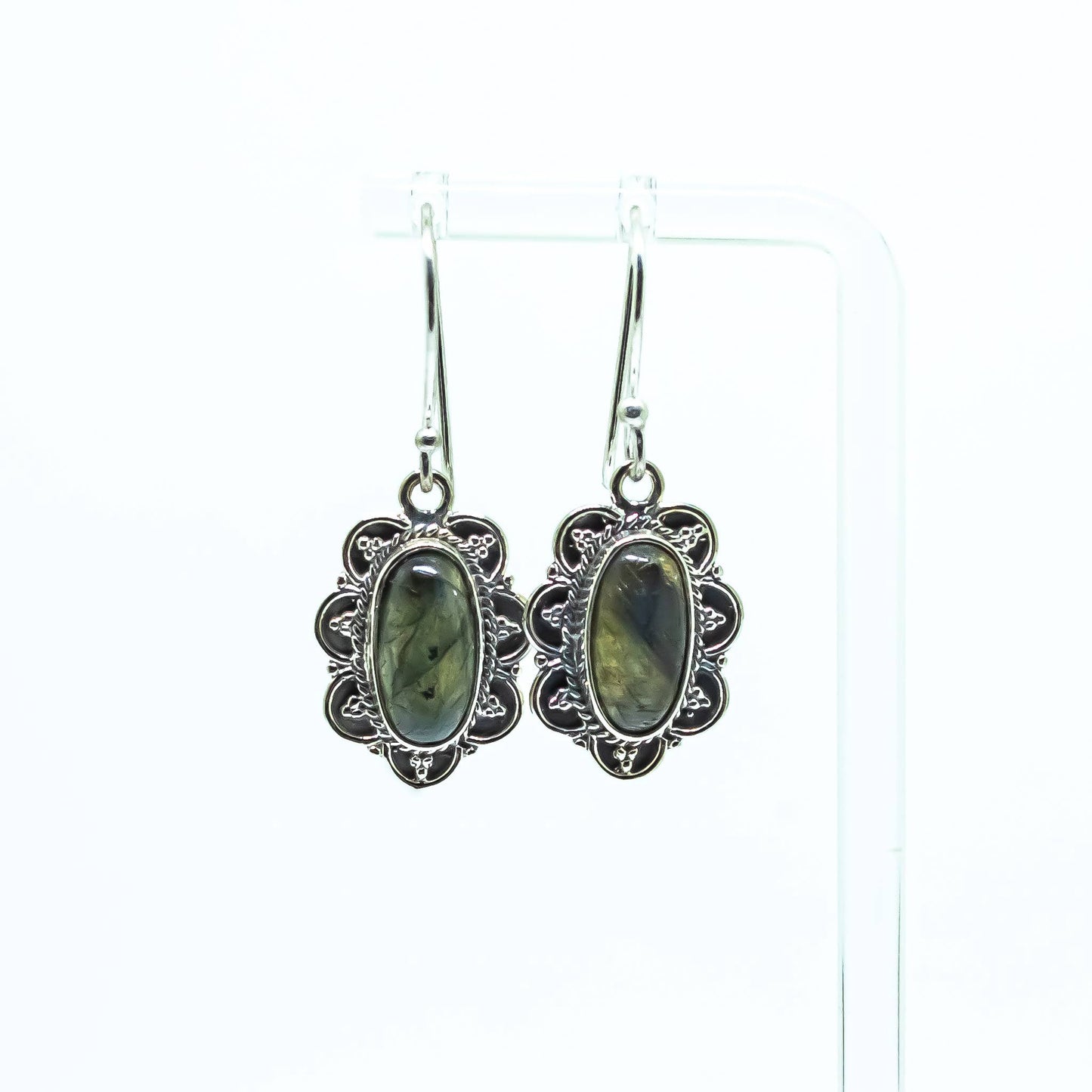 Labradorite Gemstone Brass Silver Dangling Earrings