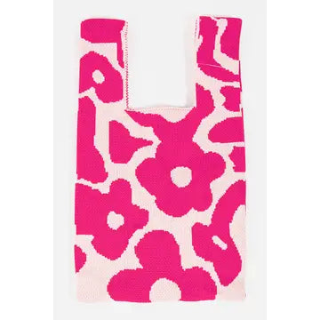 Vibrant Flower Fuchsia Crochet Knit Tote Bag