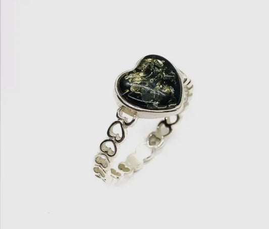 Green Amber Sterling Silver Heart Ring