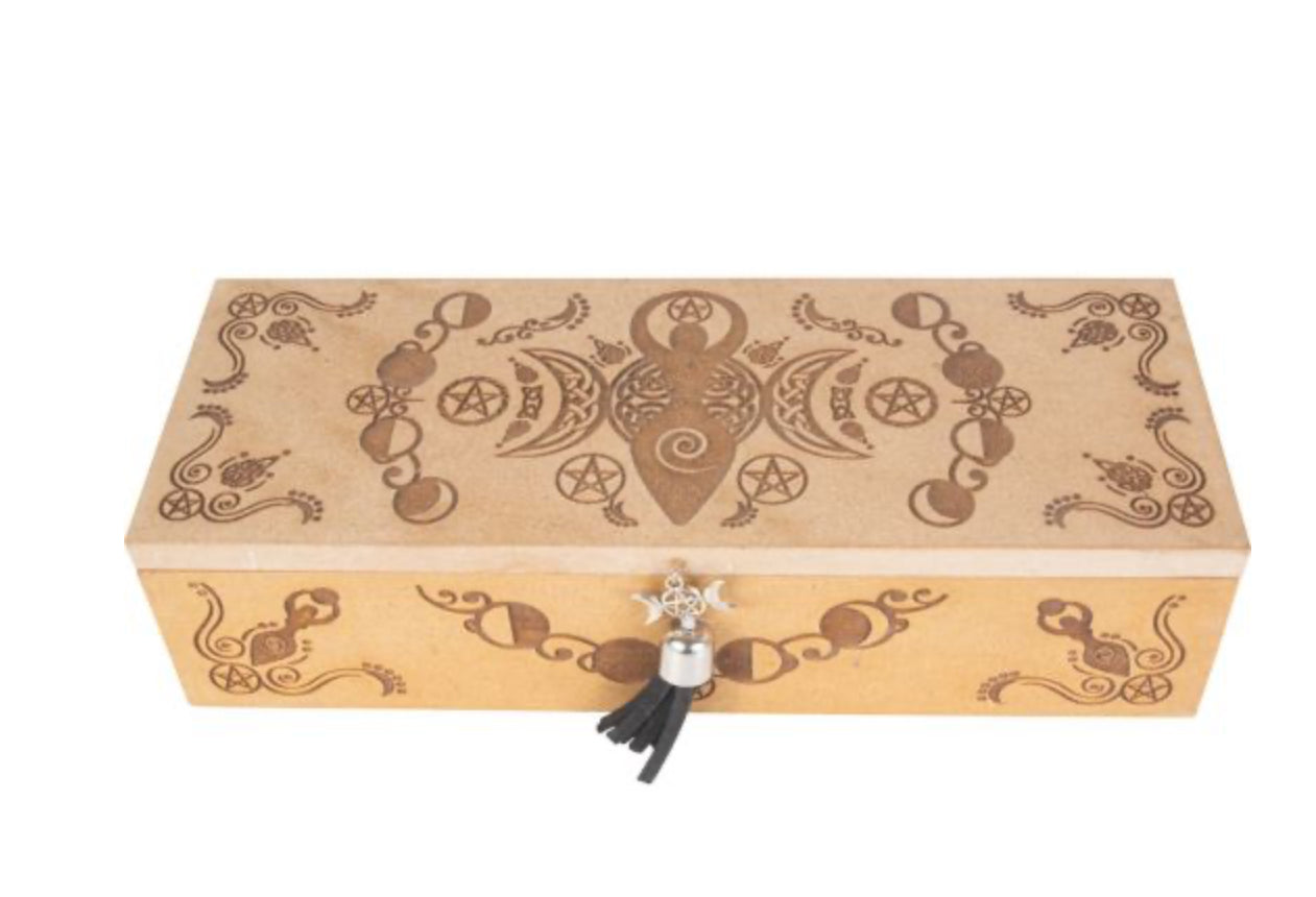 Laser Etched Wood Compartment Box - Triple Moon Goddess