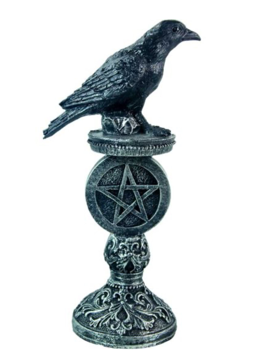 Polyresin Raven Figurine - On Pentacle Pedestal Antique Silver