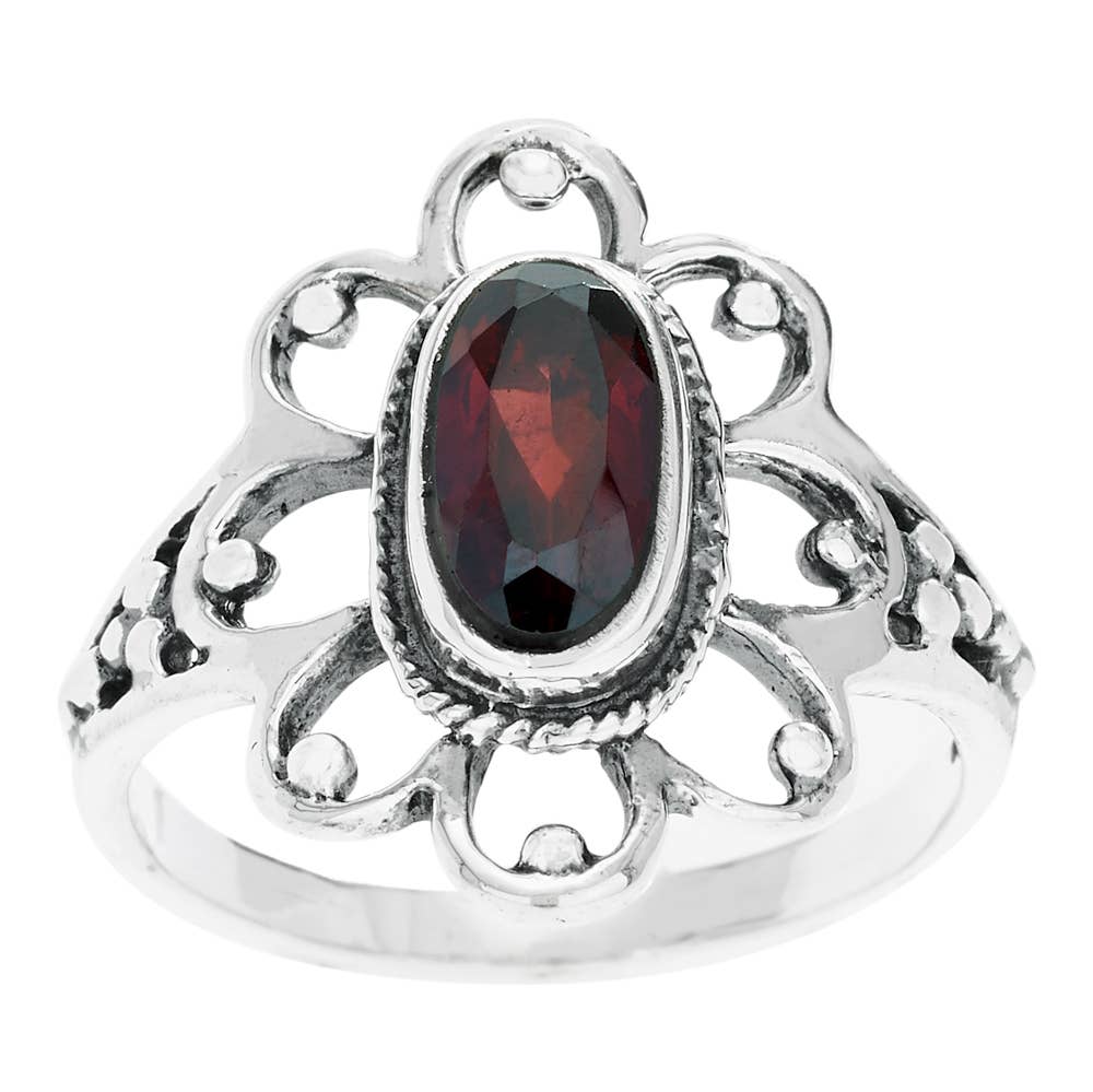Framed Garnet Sterling Silver Ring: 9
