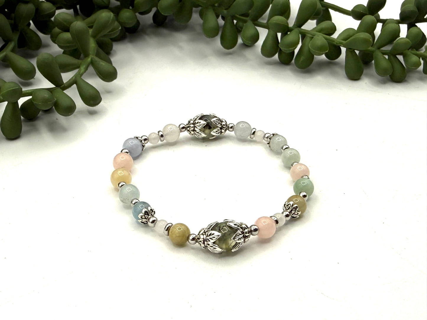 LET LOVE IN -Prehnite, Morganite, Moonstone Bracelet