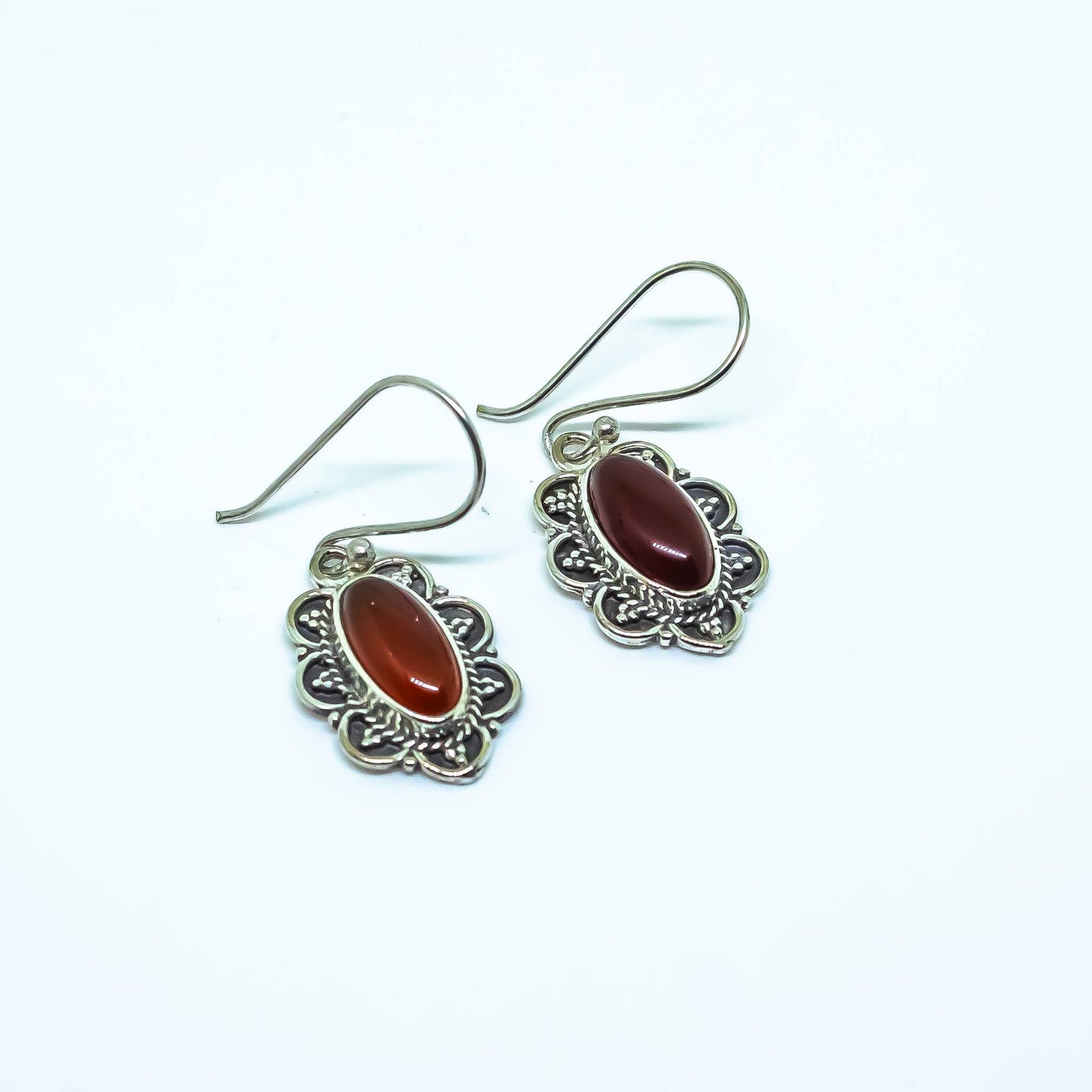 Carnelian Gemstone Brass Silver Dangling Earrings