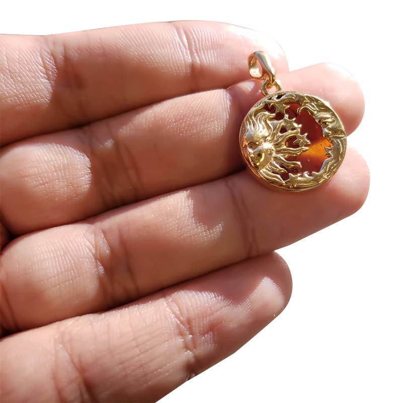 Moon And Sun Cognac Amber Gold Plated Silver Pendant