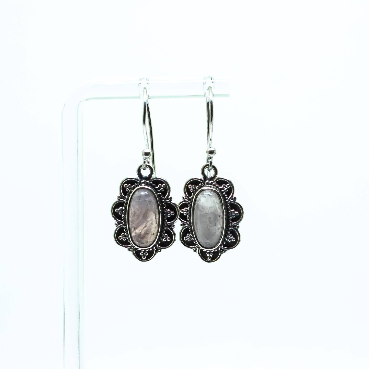 Rose Quartz Gemstone Brass Silver Dangling Earrings