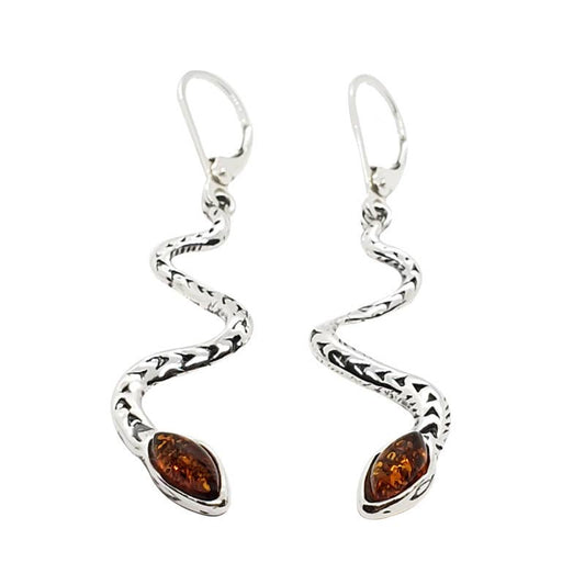 Snake Cognac Amber Sterling Silver Dangle Earrings